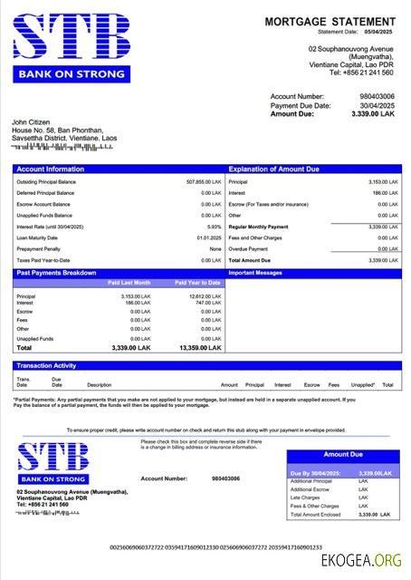 Modèle Word et PDF de relevé hypothécaire de la ST Bank du Laos